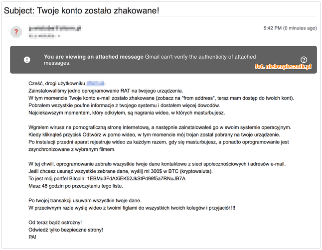 Treść wiadomości e-mail od oszusta, źródło: Niebiezpiecznik.