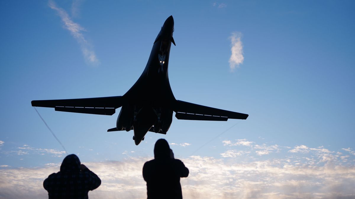 FAIRFORD, ENGLAND - MARCH 11: A B-1 bomber comes in to land at RAF Fairford on March 11, 2026 in Fairford, England. Since UK Prime Minister Keir Starmer allowed the US to use British bases to launch defensive strikes against Iranian missile sites, a variety of US military aircraft including B52 bombers,  and B-1 bombers, have arrived at RAF Fairford in Gloucestershire. (Photo by Christopher Furlong/Getty Images)