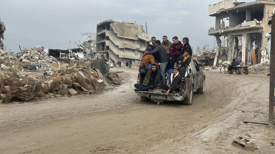 GAZA CITY, GAZA - FEBRUARY 11: Heavy rains and the destruction of infrastructure negatively affects Palestinians who try to go back their homes after the ceasefire agreement in Gaza City, Gaza on February 11, 2025. The collapse of main roads and the formation of large potholes have restricted mobility and made it difficult for people to travel. Damage to Abu Sharh Street, the only connecting road in the area, and the Telecommunications Zone makes access to Jibaliya Camp, Beit Lahya, Beit Hanoun and Sheikh Zayed city almost impossible. (Photo by Hasan N. H. Alzaanin/Anadolu via Getty Images)