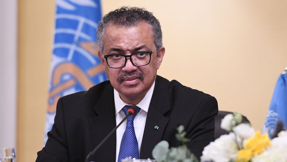 KUWAIT CITY, KUWAIT - JULY 28: Director general of the World Health Organization Tedros Adhanom Ghebreyesus  and Health Minister of Kuwait , Basil Hamud el-Sabah hold a joint press conference in Kuwait City, Kuwait on July 28, 2021. (Photo by Jaber Abdulkhaleg/Anadolu Agency via Getty Images)