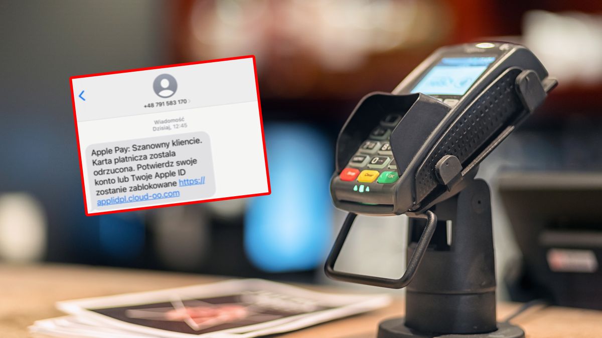 Fałszywy SMS dotyczący blokady Apple ID po płatności telefonem.