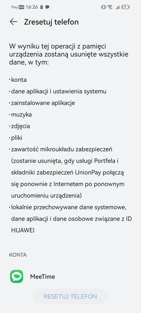 Trzy typy resetowania danych w telefonie Huawei. Resetowanie do ustawień fabrycznych (Resetuj telefon) możliwe jest po przejrzeniu całej listy kont, które sa aktywne na telefonie
