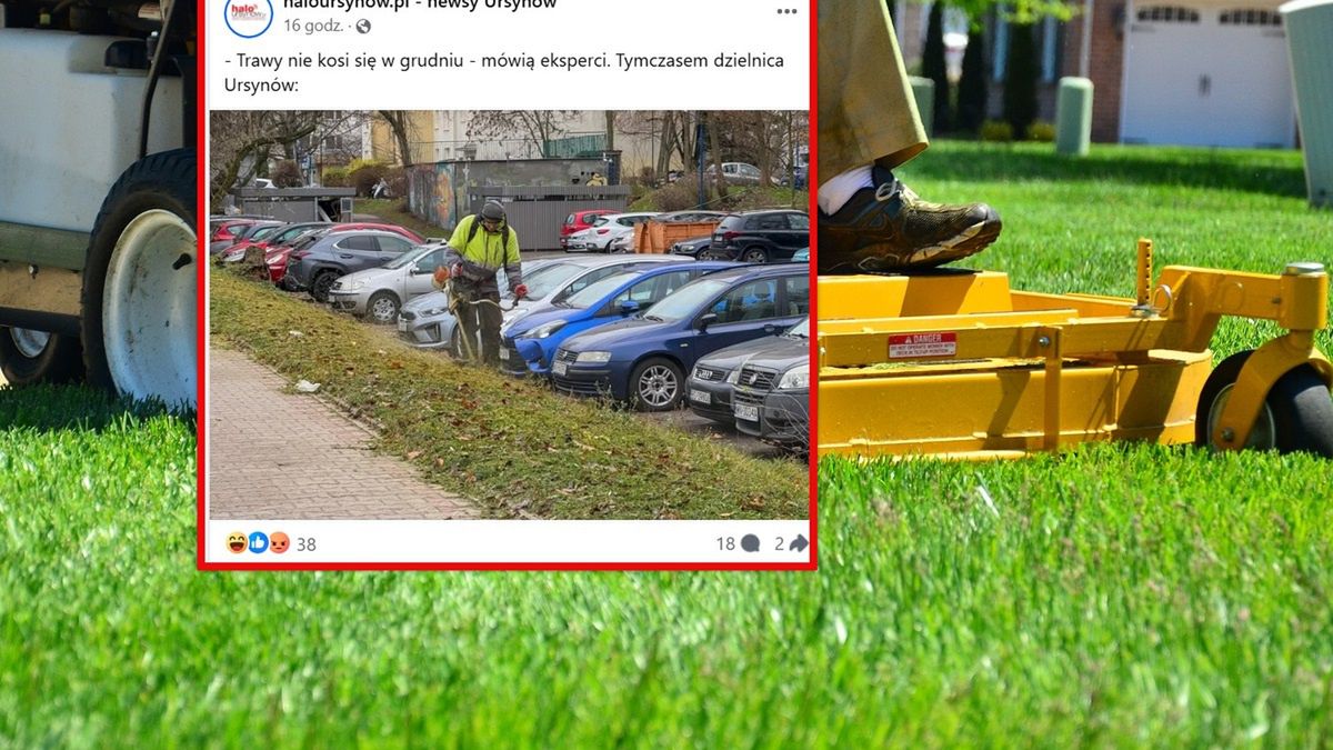 Koszenie trawy na Ursynowie.