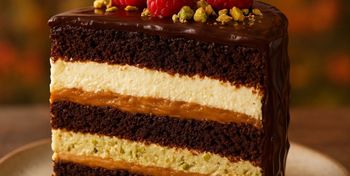 Ciasto czekoladowe z kremem, malinami, pistacjami i kajmakiem