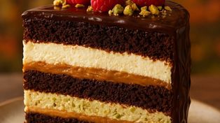Ciasto czekoladowe z kremem, malinami, pistacjami i kajmakiem