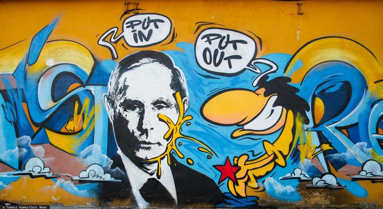 Graffiti PutIn - PutOut osmieszajace rosyjskiego prezydenta.