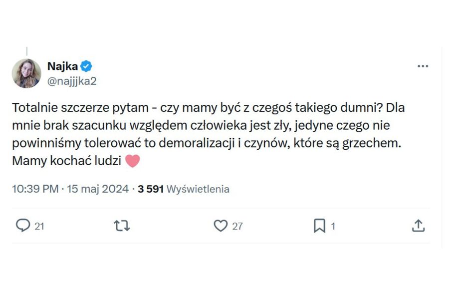 Najjjka pisze o tolerancji dla osób LGBT