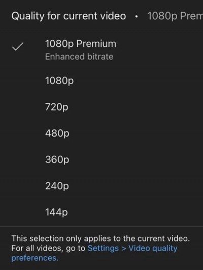 Screen pokazujący opcję "1080 Premium" w aplikacji YouTube.