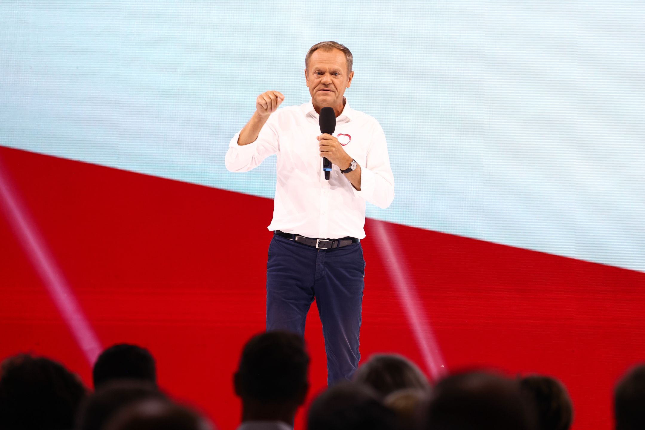 Donald Tusk, the leader of Civic Platform (PO) party speaks during Civic Coalition convention in Arena Jaskolka in Tarnow, Poland.  The meeting was held under the slogan '100 policies for 100 days''. Opposition politicians presented their programme for the first 100 days after winning the parliamentary elections, which will be held on October 15th this year in Poland.  (Photo by Beata Zawrzel/NurPhoto via Getty Images)