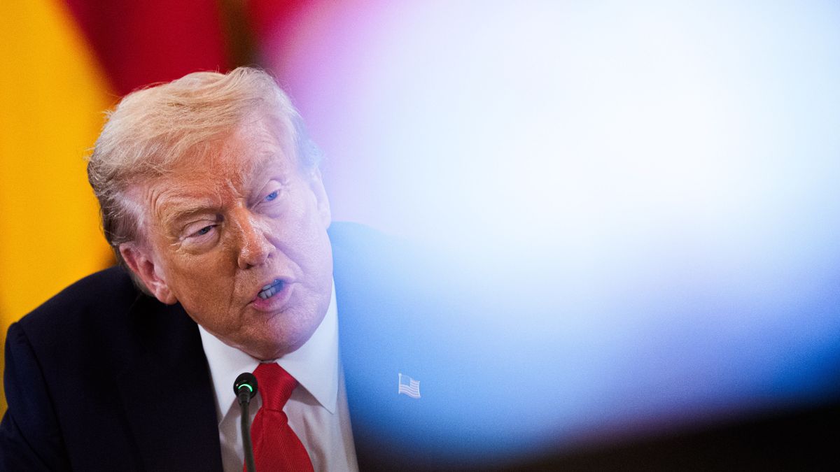 US President Donald Trump during a multilateral meeting with European leaders in the East Room of the White House in Washington, DC, US, on Monday, Aug. 18, 2025. Trump and Ukrainian leader Volodymyr Zelenskiy expressed optimism their summit with European leaders could result in trilateral talks with Vladimir Putin over ending the Russian leader's war in Ukraine. Photographer: Aaron Schwartz/CNP/Bloomberg via Getty Images