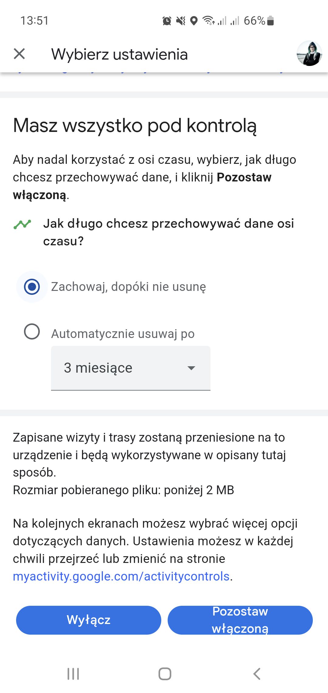 Kontrola ustawień osi czasu w Mapach Google