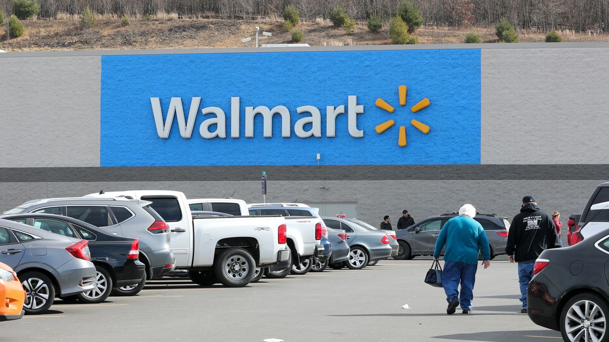 BLOOMSBURG, PENNSYLVANIA, UNITED STATES - 2023/02/19: A Walmart logo seen from the parking lot of its store in Bloomsburg. (Photo by Paul Weaver/SOPA Images/LightRocket via Getty Images)
