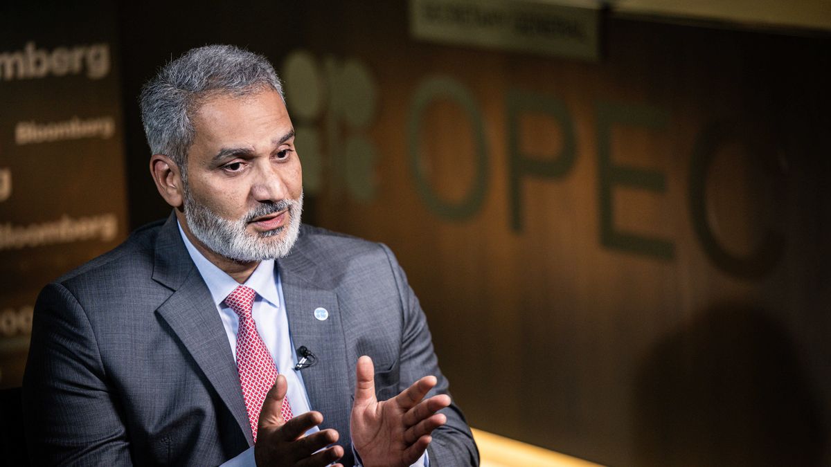 Haitham al-Ghais, secretary-general of Organization of Petroleum Exporting Countries (OPEC), gestures during a Bloomberg Television interview at the OPEC headquarters in Vienna, Austria, on Wednesday, Aug. 17, 2022. Fears over slowing consumption in China and the wider world -- which have pushed crude prices 16% lower this month -- have been exaggerated, Al-Ghais said. Photographer: Akos Stiller/Bloomberg via Getty Images