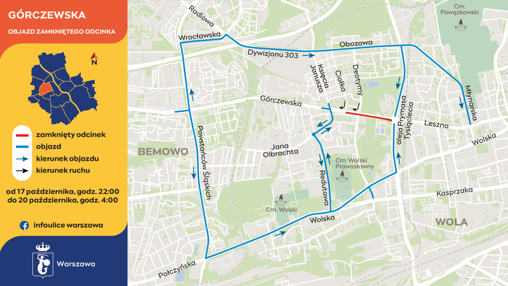 Infografika przedstawia objazdy poprowadzone między innymi ulicami Powstańców Śląskich, Wolską i aleją Prymasa Tysiąclecia wyznaczone w czasie weekendowego remontu jezdni ulicy Górczewskiej w stronę centrum, na odcinku od Ciołka do alei Prymasa Tysiąclecia.