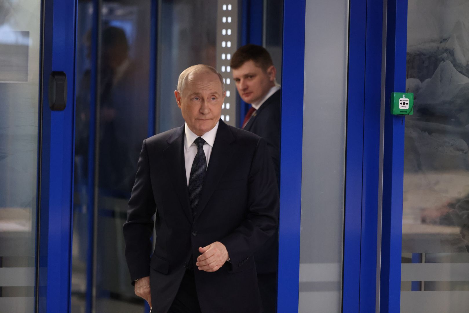 MURMANSK, RUSSIA - MARCH 26 (RUSSIA OUT) Russian President Vladimir Putin enters the hall, while visiting a military base of nuclear fleet, March 26, 2025, in Murmansk, Russia. Putin is having a one-day trip to Murmansk. (Photo by Contributor/Getty Images)