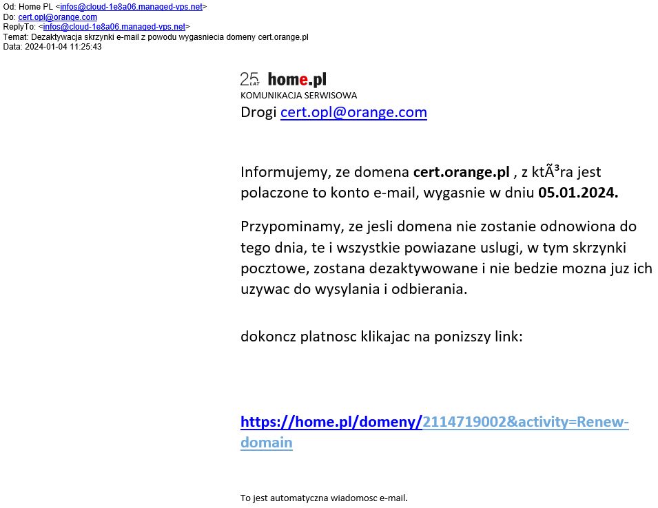 Fałszywy e-mail z wizerunkiem home.pl
