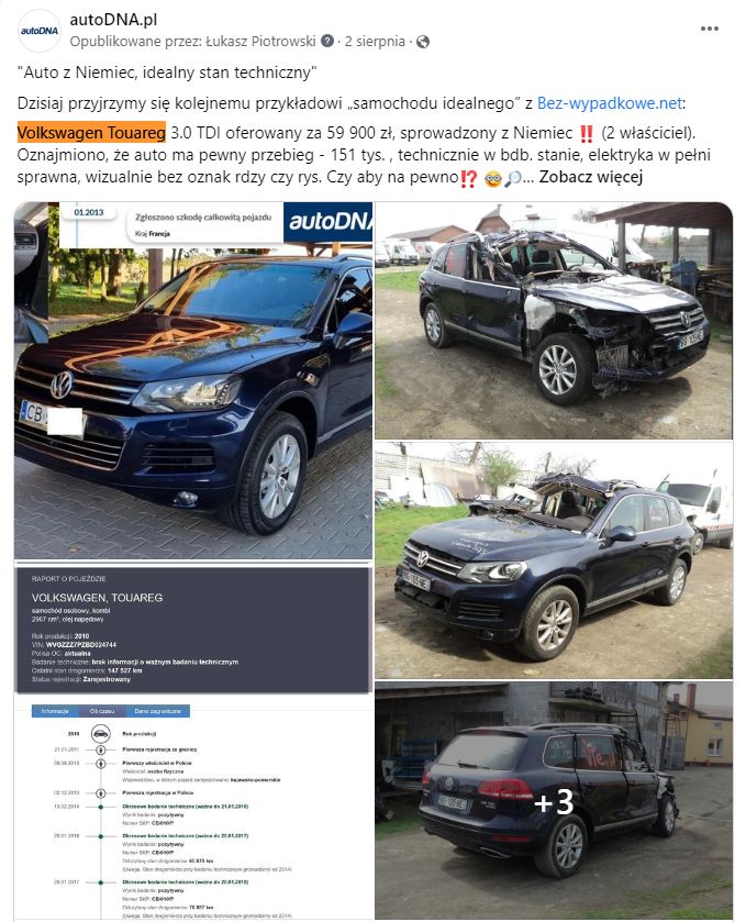  zrzut ekranu Facebook zawierający post o potencjalnym oszustwie co do stanu sprzedawanego samochodu