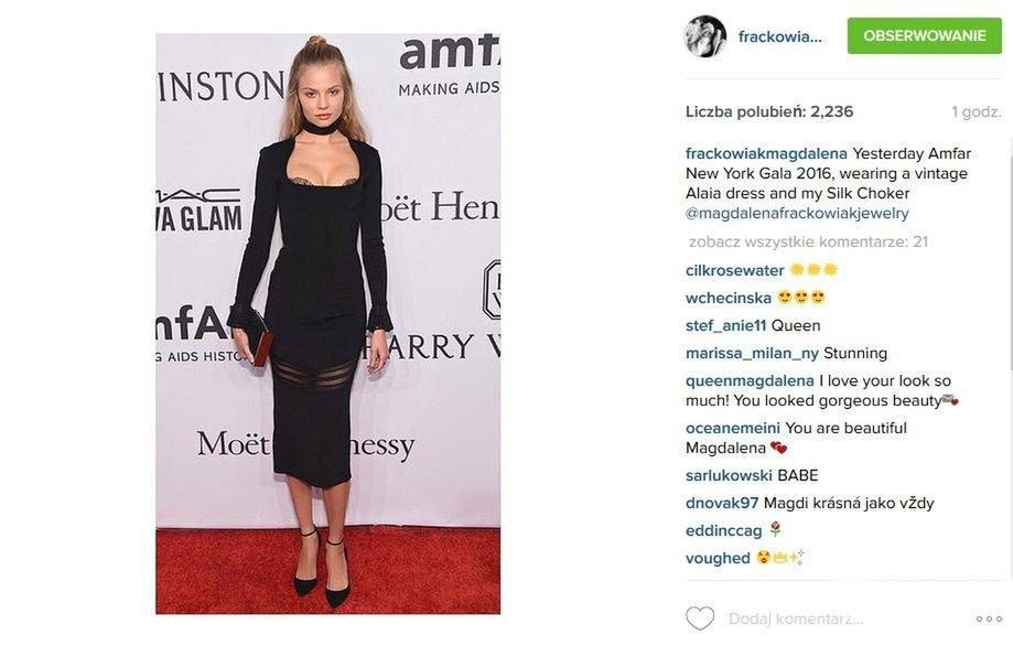 Sukienka: Alaia. Magdalena Frąckowiak na gali amfAR 2016 (fot. Instagram)