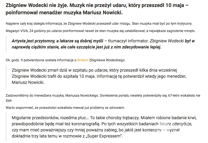 Portal internetowy o śmierci Zbigniewa Wodeckiego - informacja jest nieprawdziwa