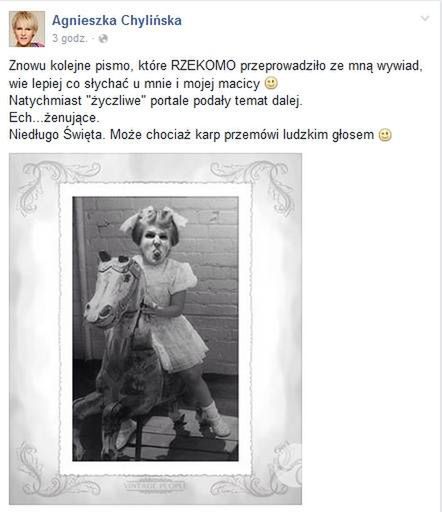 Agnieszka Chylińska zdementowała plotki o ciąży na swoim Facebooku