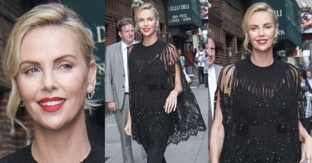Elegancka Charlize Theron w koronkowej pelerynce