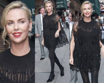 Elegancka Charlize Theron w koronkowej pelerynce