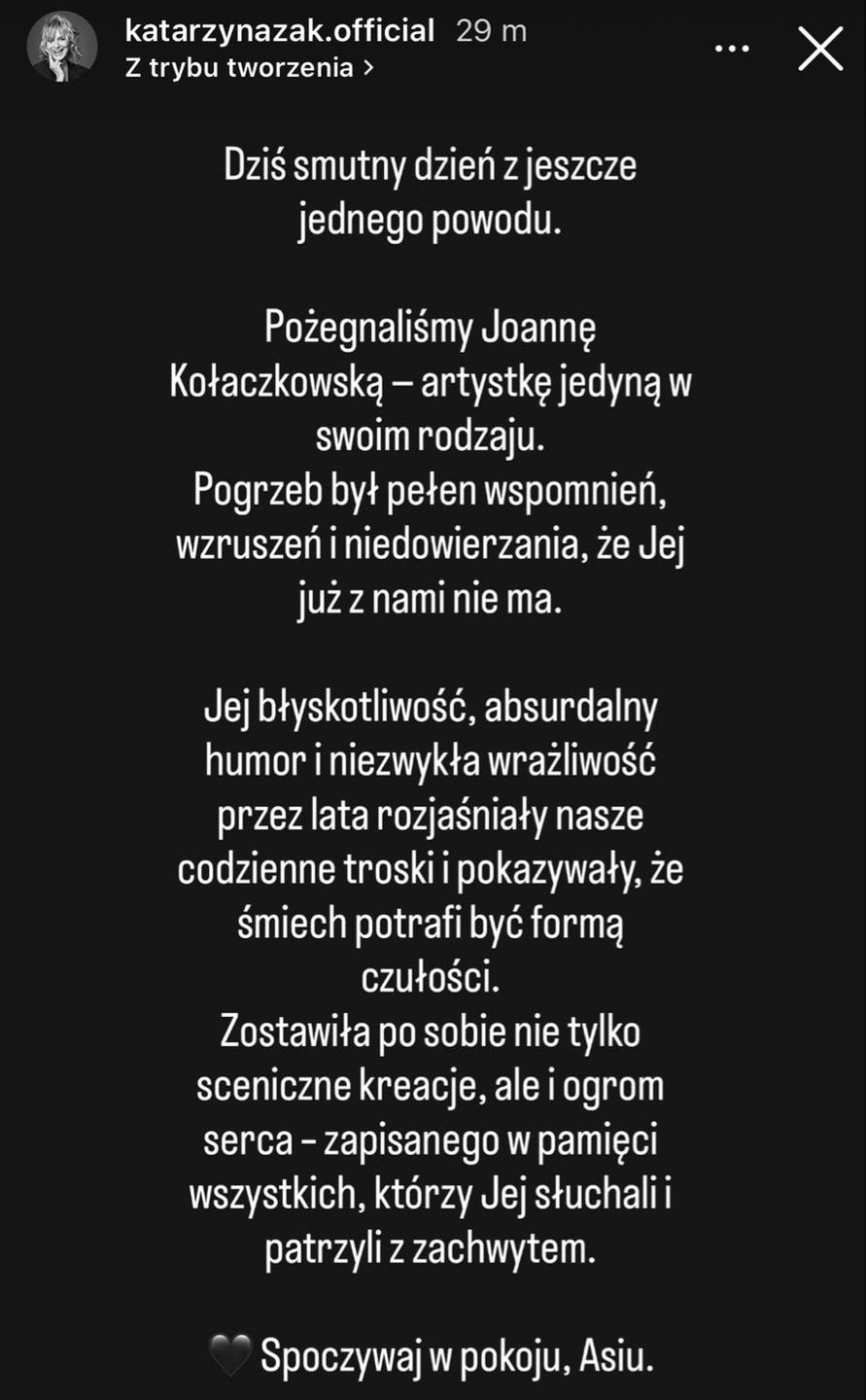 Wpis Katarzyny Żak na Instagramie