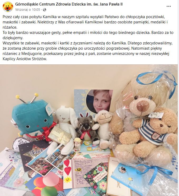 Kamilek otrzymywał od nieznajomych zabawki, pocztówki i wyrazy wsparcia
