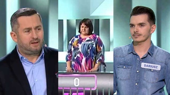 Norbi gratuluje uczestnikowi "Koła fortuny" utraty wagi w obecności korpulentnej uczestniczki