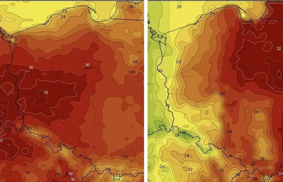 Prognoza pogody dla Polski. Po lewej przewidywane temperatury na 18 sierpnia, po prawej zmiana temperatury zapowiada na 19 sierpnia 2022 r.