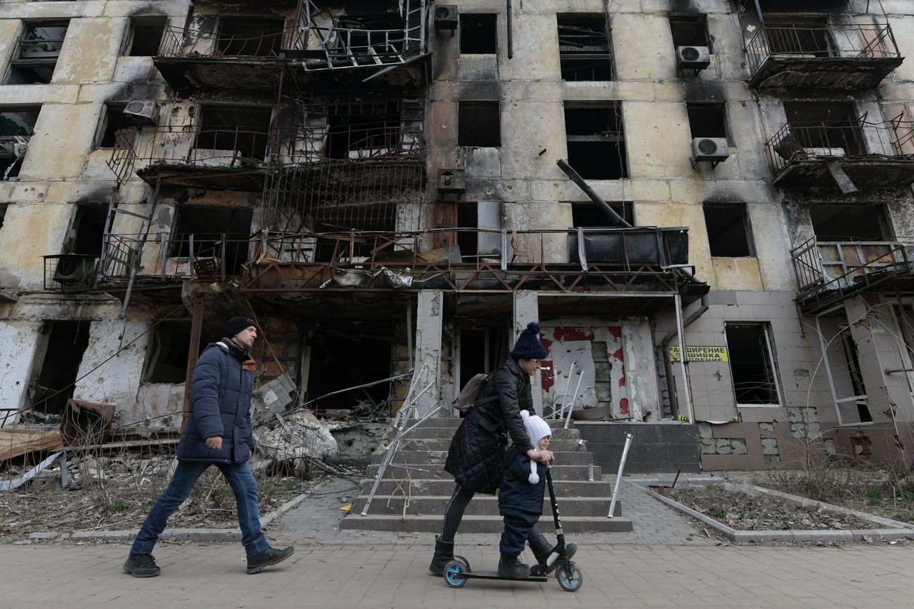 MARIUPOL, UKRAINE - MARCh 16: Damaged buildings are seen as Russia-Ukraine war continues in Mariupol's Russian controlled territory, Ukraine on March 16, 2023. (Photo by Stringer/Anadolu Agency via Getty Images)