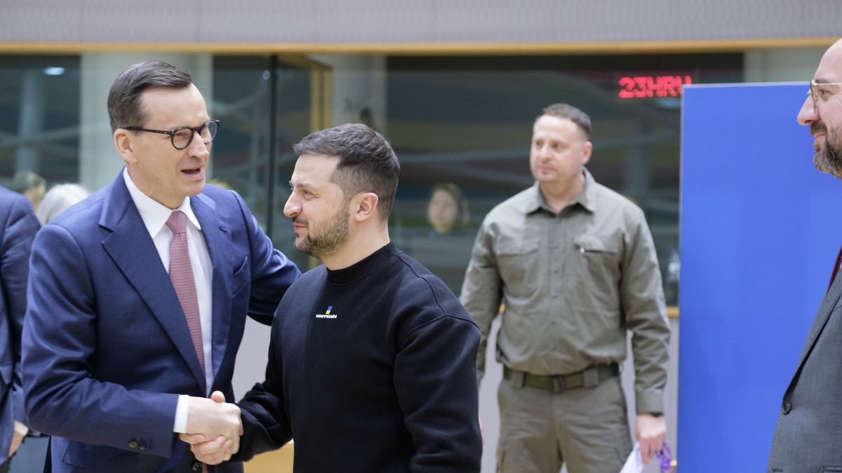 BRUSSELS, BELGIUM - FEBRUARY 9: Polish Prime Minister Mateusz Morawiecki (L) is talking with the President of Ukraine Volodymyr Zelenskyy (R) prior the start of an European Union leaders summit at the European Council headquarters on February 9, 2023 in Brussels, Belgium. President of Ukraine Volodymyr Zelensky began a surprise mini-European tour on February 8, his second trip abroad since the outbreak of the war on February 24, 2022 after his visit to the United States in December. The Ukrainian president is due to meet European Council President Charles Michel on February 9, pleading to his allies to deliver combat planes to Ukraine "as soon as possible", Volodymyr Zelenskyy is expected at the Brussels summit after his visits to London and Paris. (Photo by Thierry Monasse/Getty Images)