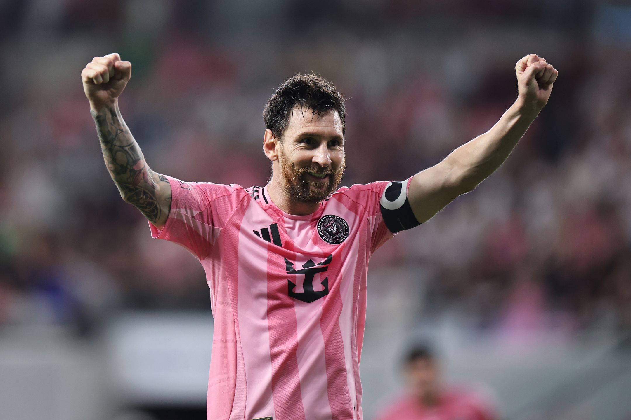 MIAMI, FLORIDA - AUGUST 29: Lionel Messi #10 of Inter Miami CF celebrates scoring his team's second goal during the MLS match between Inter Miami CF and CF Montreal at Nu Stadium on August 29, 2026 in Miami, Florida. (Photo by Carmen Mandato/Getty Images)