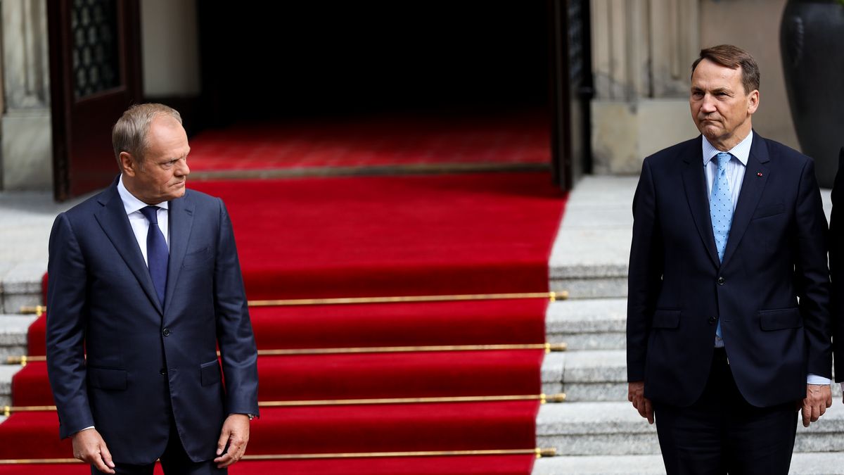 Prime Minister Donald Tusk and Minister of Foreign Affairs of Poland, Radoslaw Sikorski, meet with Prime Minister of the Republic of India Narendra Modi at the Chancellery of the Prime Minister in Warsaw, Poland, on August 22, 2024. Prime Minister of the Republic of India Narendra Modi visits Poland, marking the first official visit by an Indian Prime Minister in over 40 years. The re-elected Prime Minister from the Indian People's Party lays wreaths at several locations in Warsaw and then meets with Prime Minister Donald Tusk and President Andrzej Duda. (Photo by Klaudia Radecka/NurPhoto via Getty Images)
