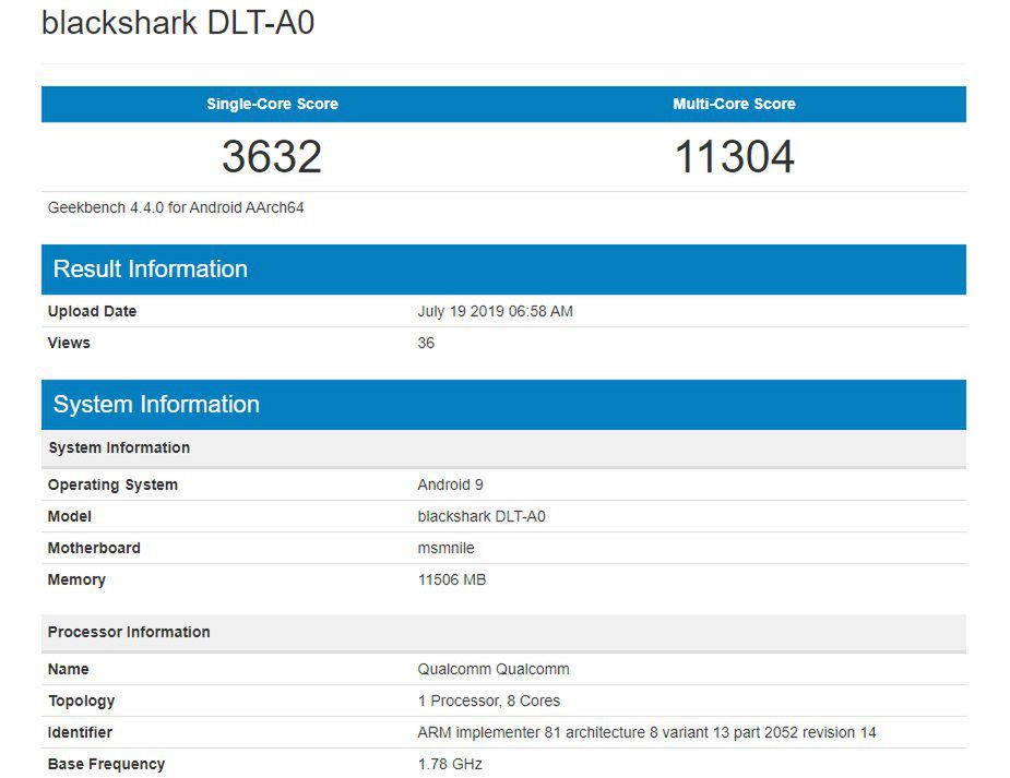 Black Shark 2 Pro w bazie Geekbench