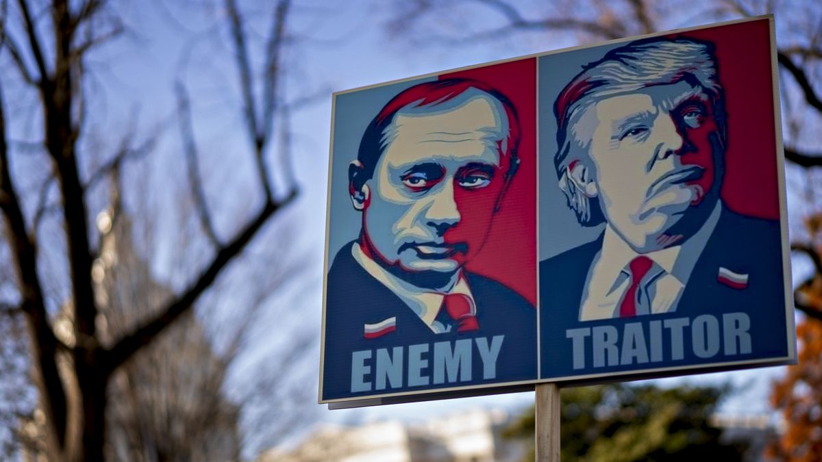 A sign depicting U.S. President Donald Trump and Russian President Vladimir Putin is held during a protest outside the U.S. Capitol in Washington, D.C., U.S., on Wednesday, Dec. 18, 2019. The full House is set to debate and vote Wednesday on two impeachment articles accusing President Donald Trump of abusing his power and obstructing Congress's investigation of his actions toward Ukraine. Photographer: Andrew Harrer/Bloomberg via Getty Images