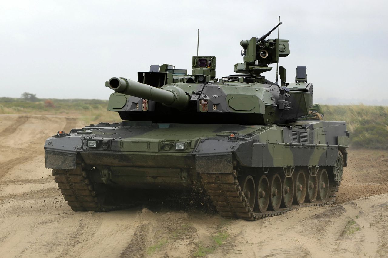 Leopard 2A8 tank with Trophy APS - antennas and launchers visible on the sides of the turret