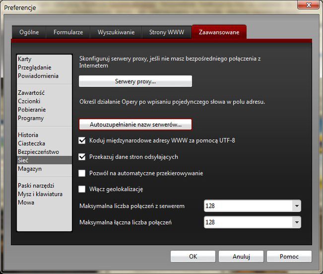 Opera 11.60 - Ustawienia zaawansowane, Sieć
