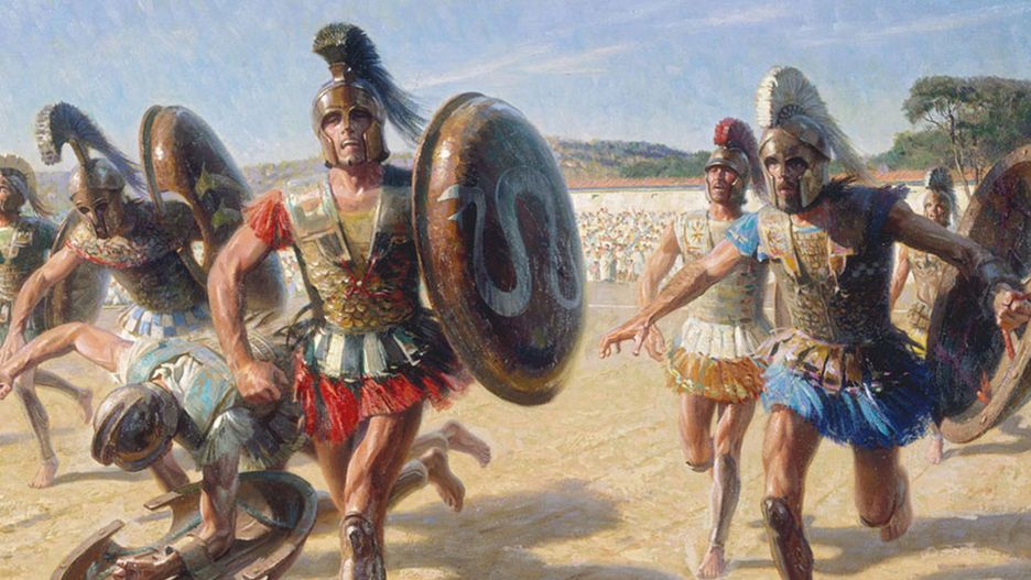 Hoplitodromos - bieg w pełnym uzbrojeniu, jedna z dyscyplin starożytnych olimpiad