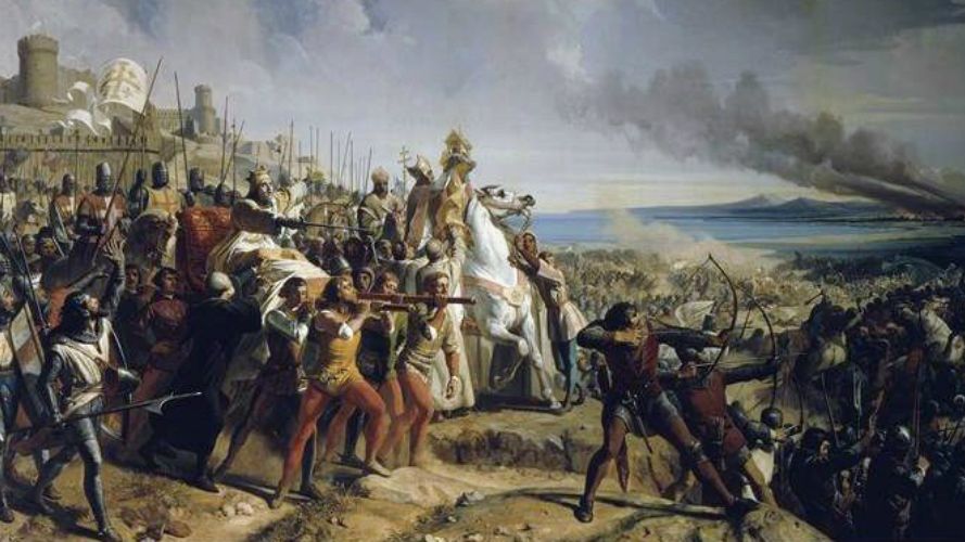 Bitwa pod Montgisard na obrazie Charlesa-Philippe''a Lariviere. W lewej części obrazu widać niesionego w lektyce Baldwina IV Trędowatego