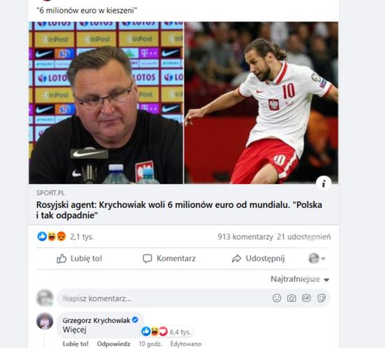 Komentarz Grzegorza Krychowiaka na Facebooku