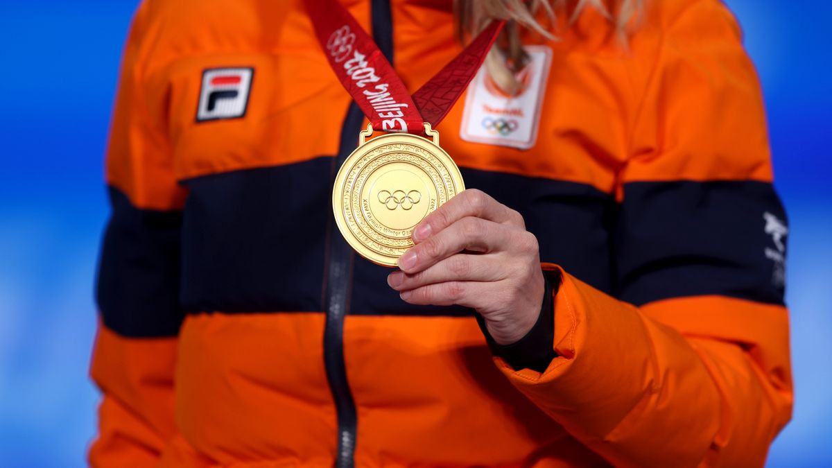BEIJING, CHINA - FEBRUARY 11: A detailed view of the Gold Medal of Irene Schouten of Team Netherlands during the Women's 5000m medal ceremony on Day 7 of the Beijing 2022 Winter Olympic Games at Beijing Medal Plaza on February 11, 2022 in Beijing, China. (Photo by Richard Heathcote/Getty Images)
