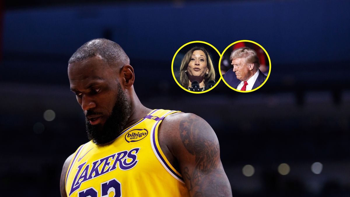 Getty Images / Cole Burston/EPA/CJ GUNTHER/DAVID MUSE / Na zdjęciu: LeBron James, w kółku Kamala Harris i Donald Trump