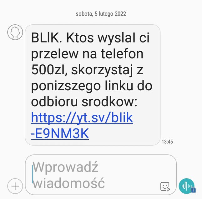 Fałszywy SMS o przelewie przez Blika