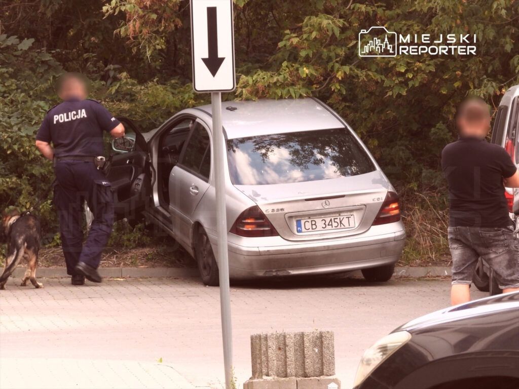 Policjant z psem przeszukuje wnętrze zaparkowanego samochodu w zacienionej okolicy.