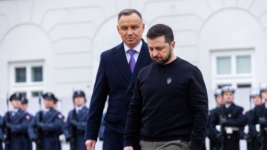Poland's President Andrzej Duda, Ukrainian President Volodymyr Zelensky during an official welcoming ceremony in front of the Presidential Palace in Warsaw, Poland, on April 5, 2023. 
NO USE POLAND (Photo by Foto Olimpik/NurPhoto via Getty Images)
