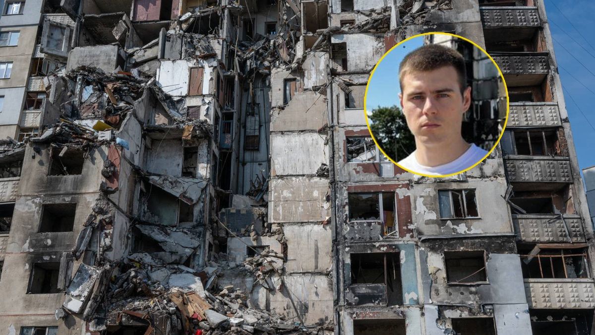 zniszczenia budynku w Ukrainie / w kółku: Władysław Heraskewycz