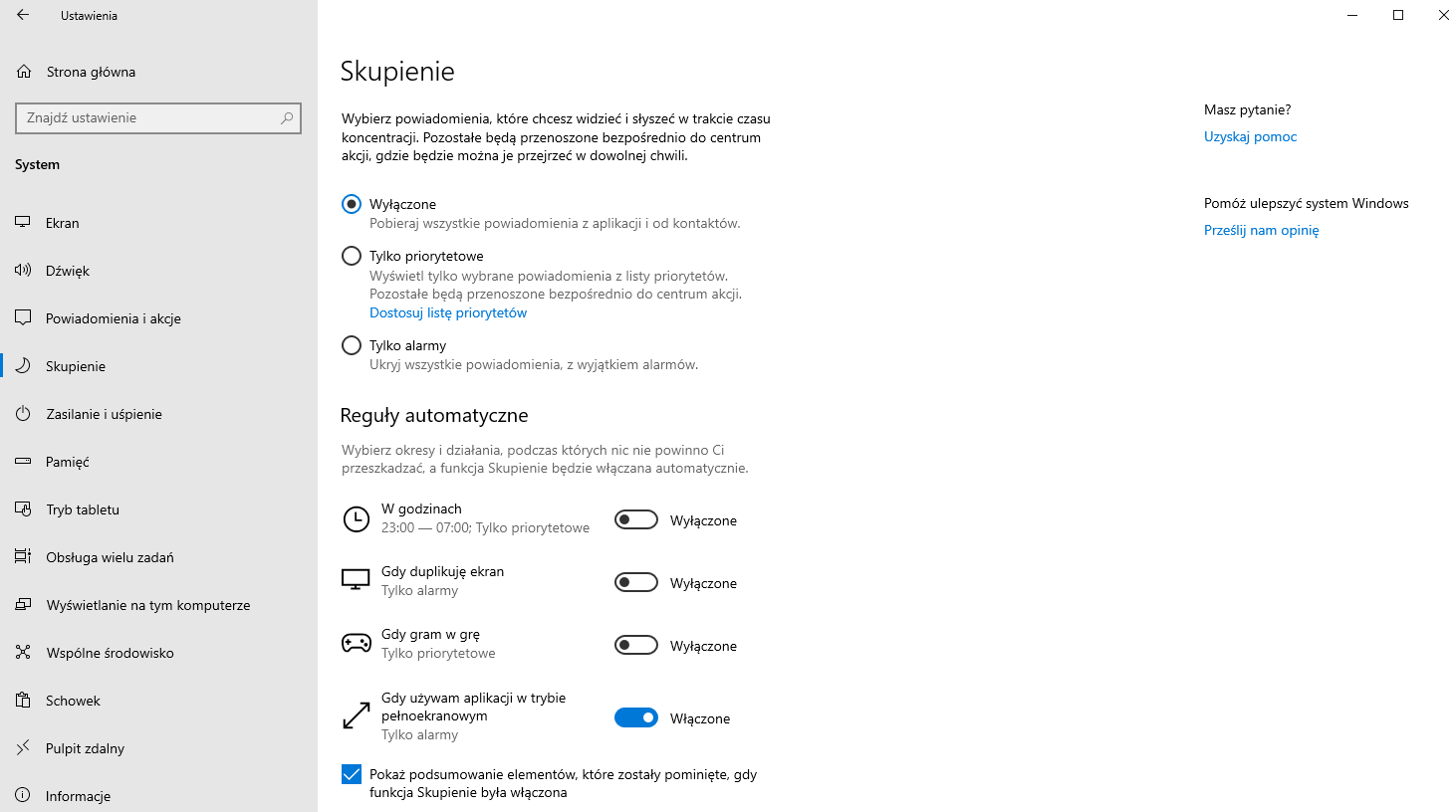 Ustawienia trybu skupienia w Windows 10 19H1.