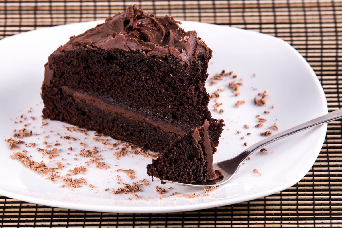 Chocolate cake on a white plate