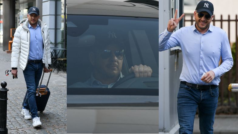 Filip Chajzer z walizką przed studiem "DDTVN"